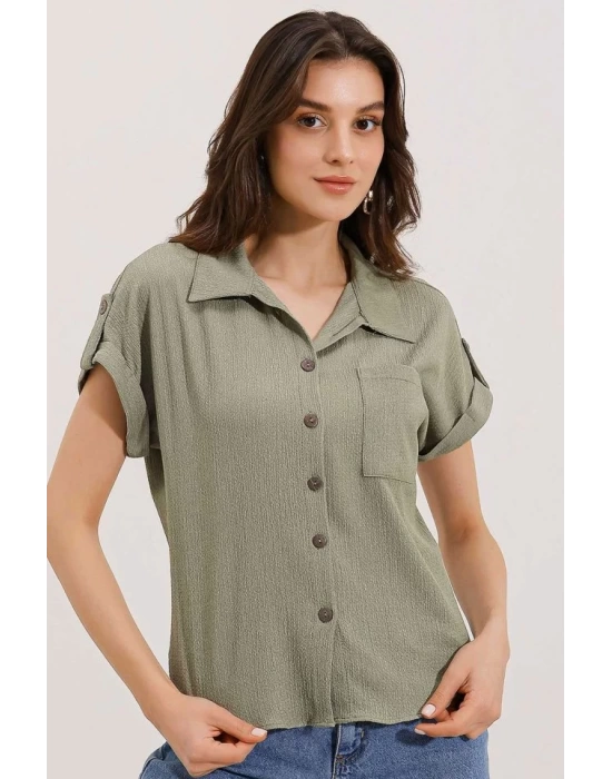20187 Kısa Kol Oversize Örme Gömlek - Çağla
