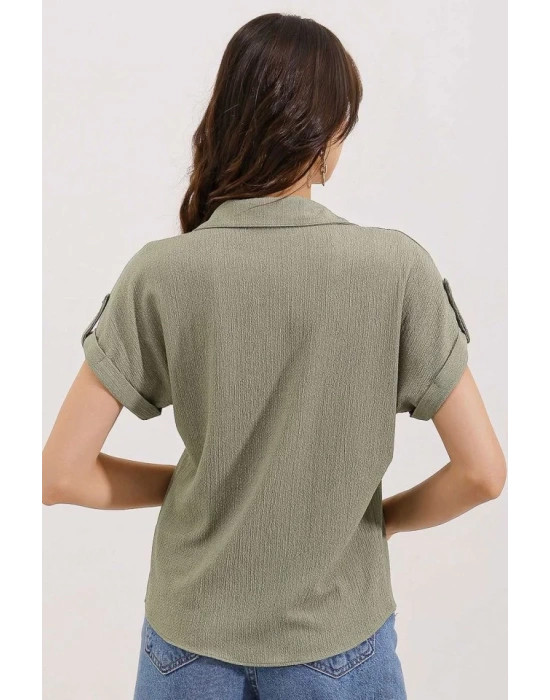 20187 Kısa Kol Oversize Örme Gömlek - Çağla