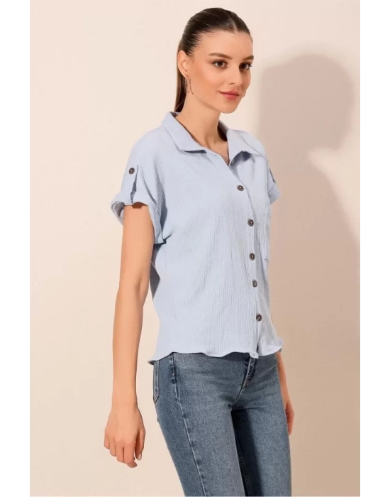 20187 Kısa Kol Oversize Örme Gömlek - Mavi