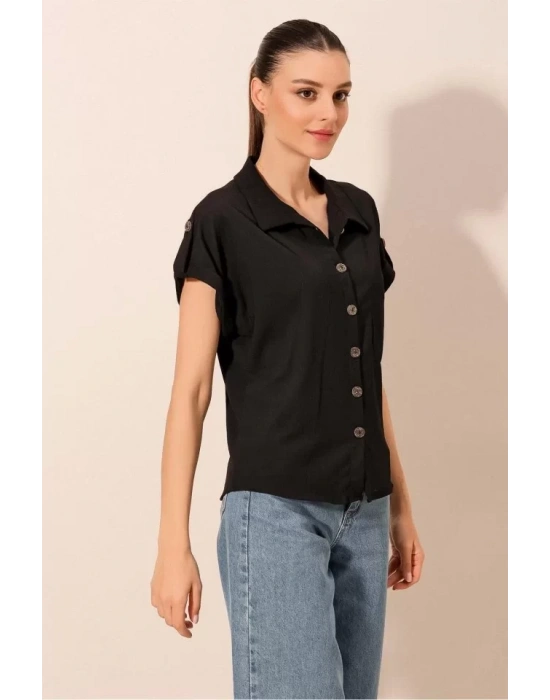 20187 Kısa Kol Oversize Örme Gömlek - Siyah