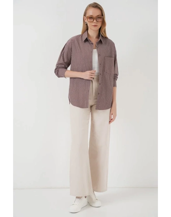 20205 Çizgili Oversize Gömlek - Kahverengi