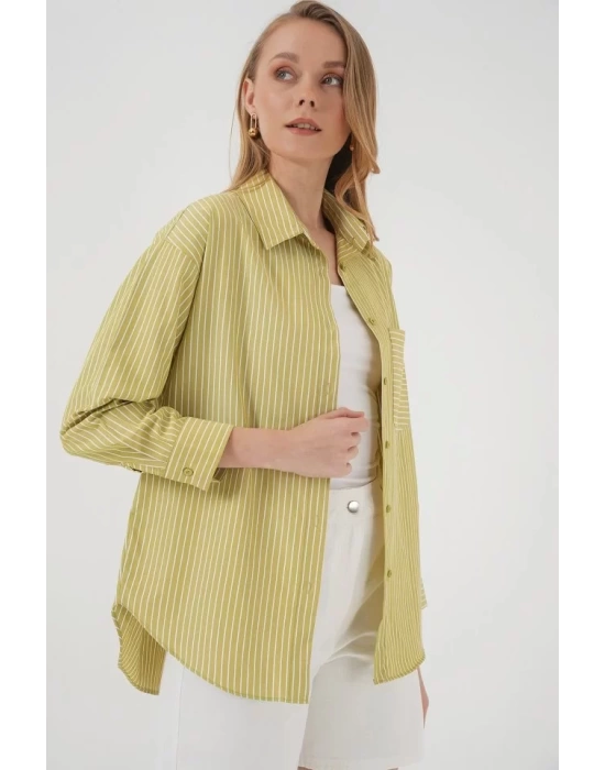 20205 Çizgili Oversize Gömlek - Yağ Yeşil