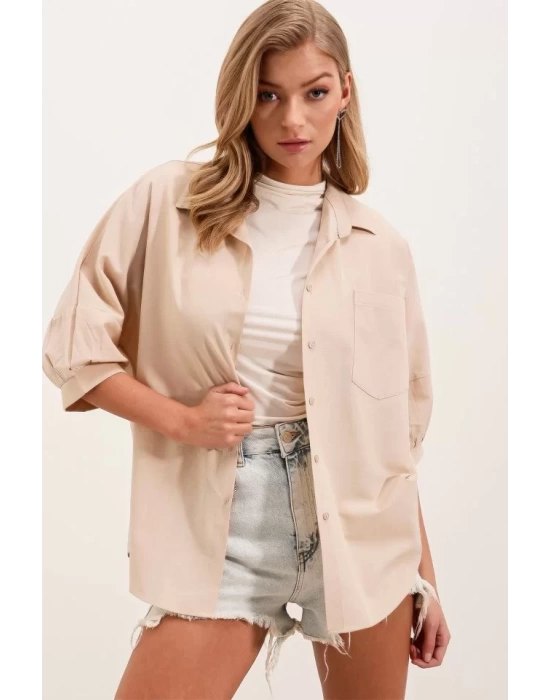 20213 Oversize Kısa Kol Basic Gömlek - Krem