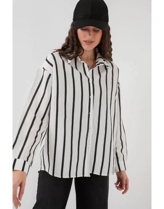 20254 Çizgili Oversize Basic Gömlek - Siyah - Beyaz