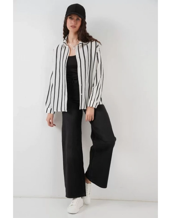 20254 Çizgili Oversize Basic Gömlek - Siyah - Beyaz