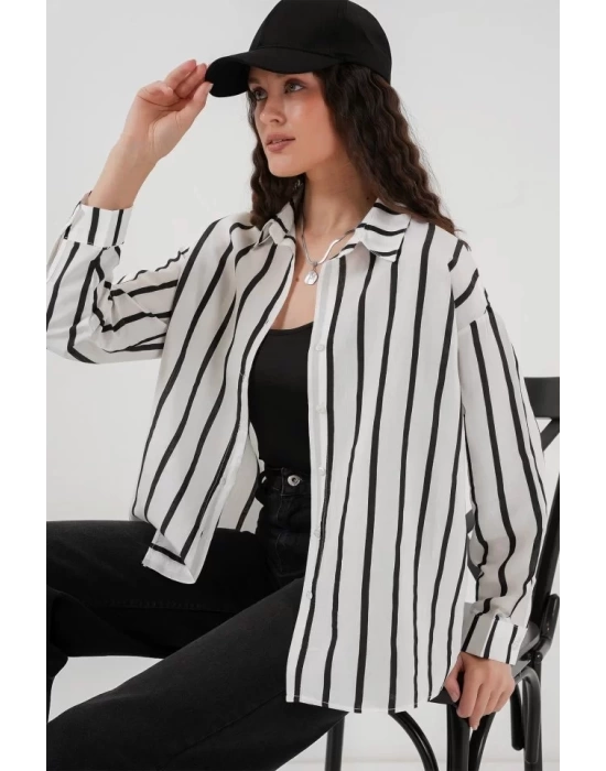 20254 Çizgili Oversize Basic Gömlek - Siyah - Beyaz