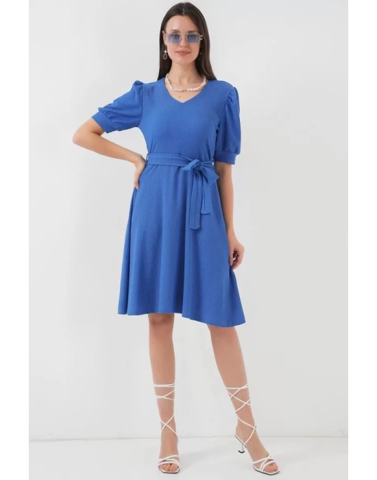 2370 Kuşaklı Örme Elbise - Saks