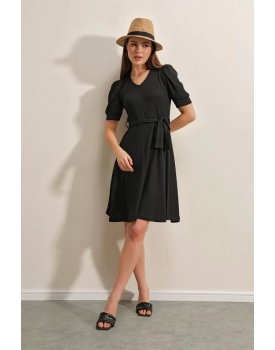 2370 Kuşaklı Örme Elbise - Siyah