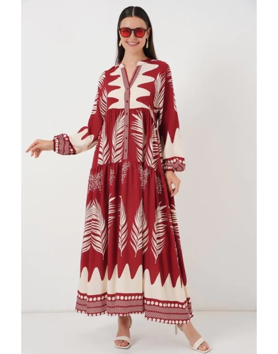 2423 Otantik Desenli Tesettür Elbise - G.Bordo