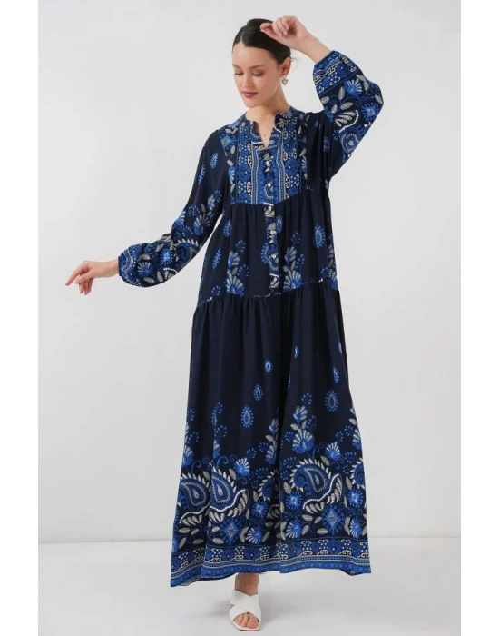 2423 Otantik Desenli Tesettür Elbise - Lacivert 1