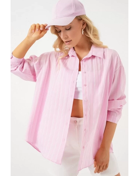 3900 Oversize Kareli Gömlek - Y.Pembe