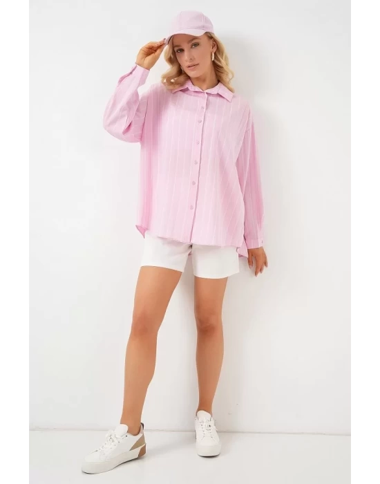 3900 Oversize Kareli Gömlek - Y.Pembe