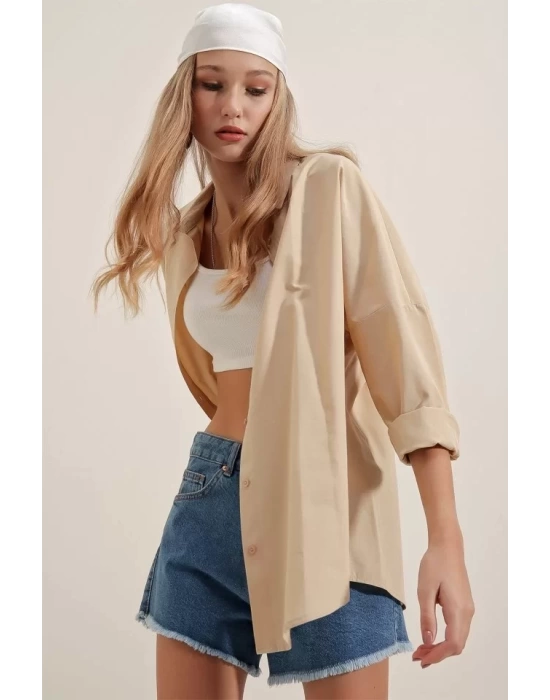 3900 Oversize Uzun Basic Gömlek - Bej