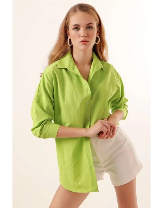 3900 Oversize Uzun Basic Gömlek - G.Yeşil