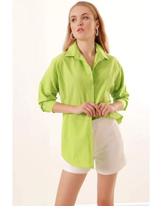 3900 Oversize Uzun Basic Gömlek - G.Yeşil