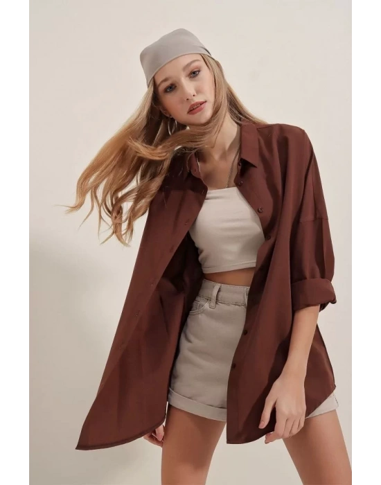 3900 Oversize Uzun Basic Gömlek - Kahverengi