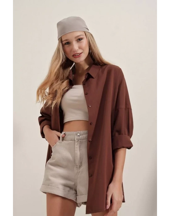3900 Oversize Uzun Basic Gömlek - Kahverengi