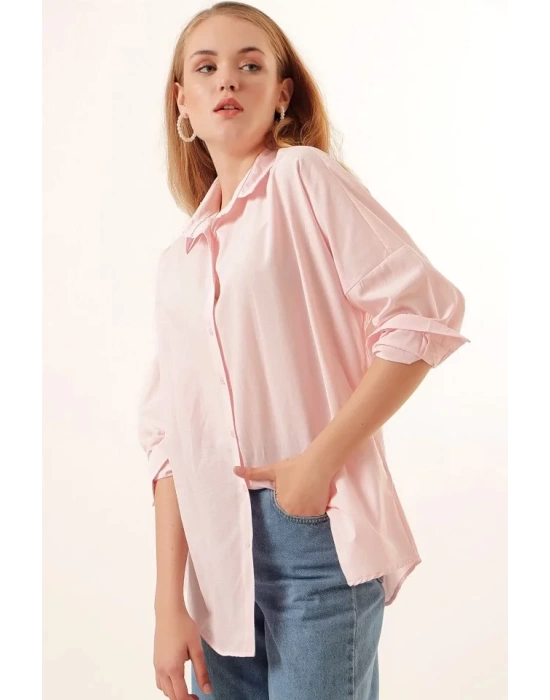 3900 Oversize Uzun Basic Gömlek - Pudra