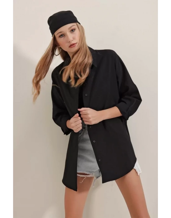 3900 Oversize Uzun Basic Gömlek - Siyah