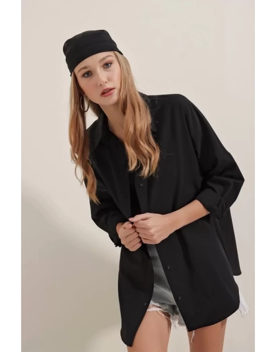 3900 Oversize Uzun Basic Gömlek - Siyah