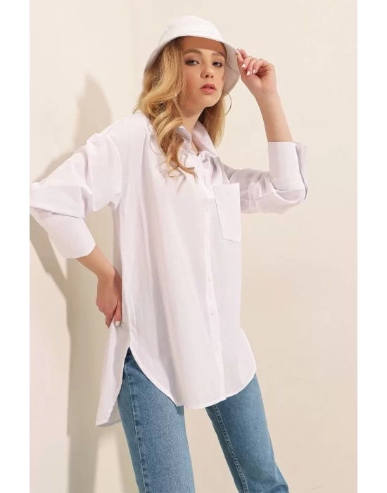 3952 Arkası Düğmeli Boyfriend Gömlek - Beyaz