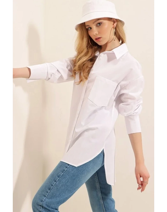 3952 Arkası Düğmeli Boyfriend Gömlek - Beyaz