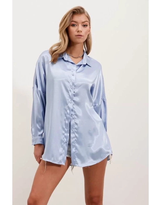 3985 Oversize Saten Gömlek - Mavi