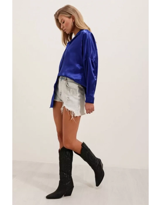 3985 Oversize Saten Gömlek - Saks