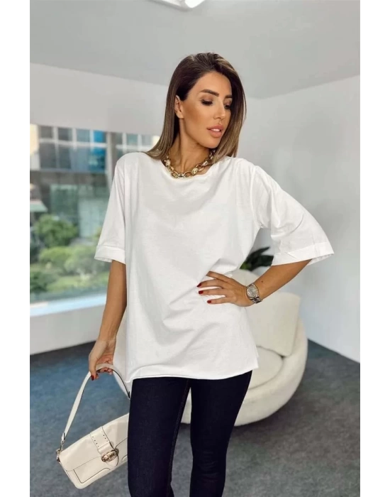 4123 Yırtmaçlı Oversize Tişört - Beyaz