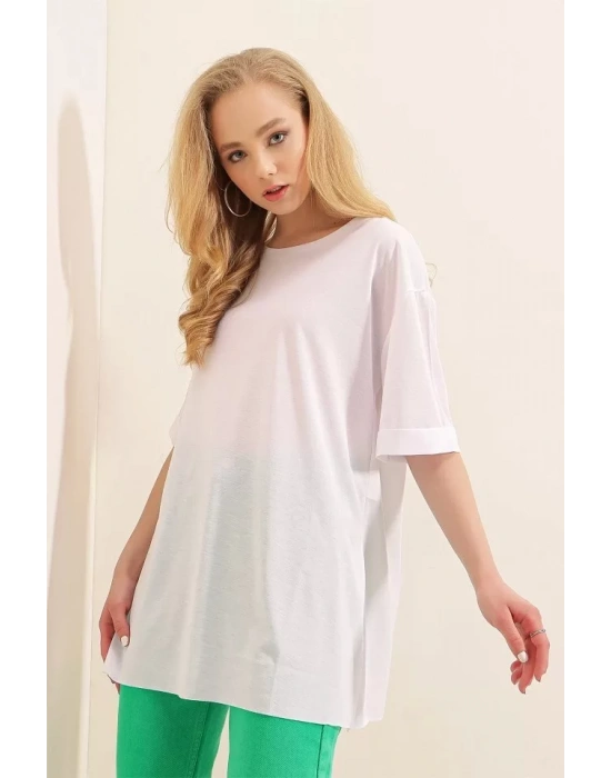 4123 Yırtmaçlı Oversize Tişört - Beyaz