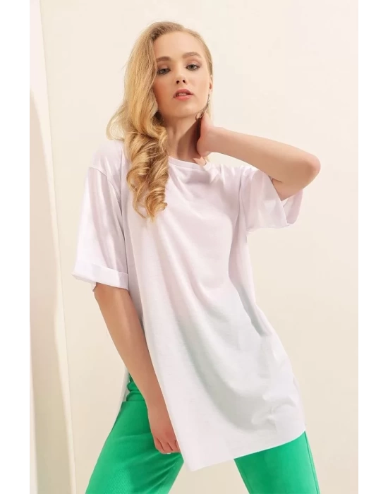 4123 Yırtmaçlı Oversize Tişört - Beyaz