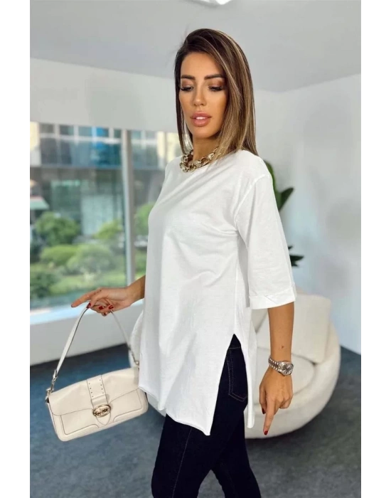 4123 Yırtmaçlı Oversize Tişört - Beyaz