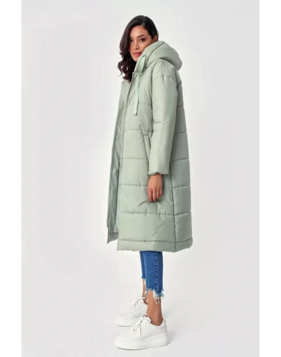 5120 Kapşonlu Uzun Şişme Mont - Mint