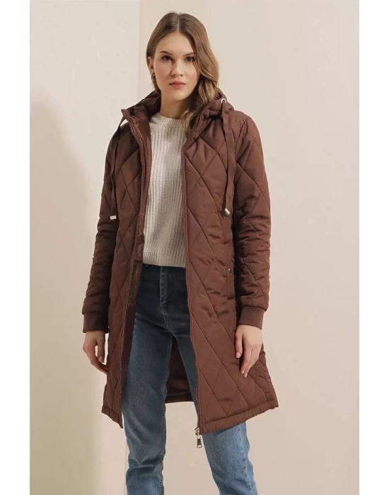 5138 Kapitone Uzun Şişme Mont - Kahverengi