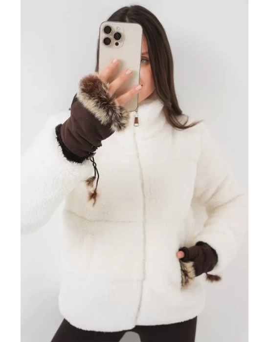 5178 Astarlı Peluş Mont - Beyaz