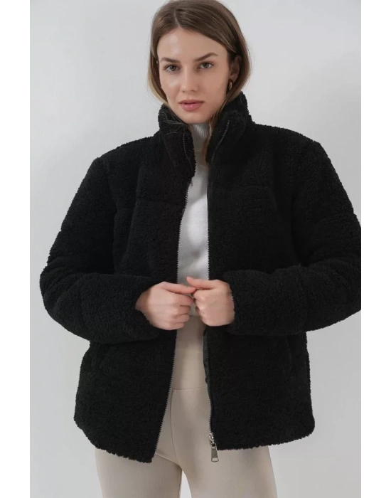 5178 Astarlı Peluş Mont - Siyah