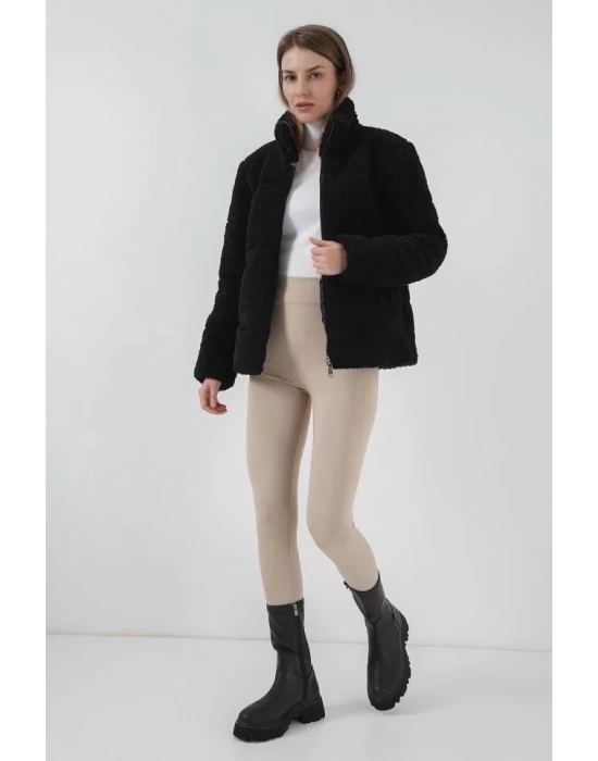 5178 Astarlı Peluş Mont - Siyah