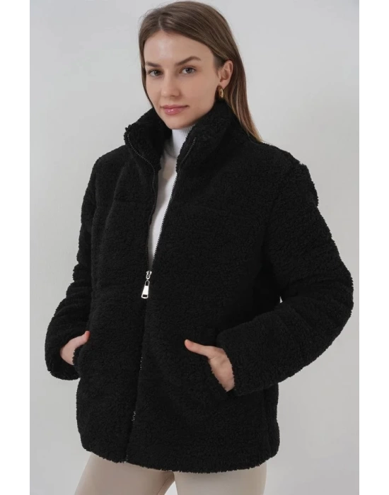 5178 Astarlı Peluş Mont - Siyah