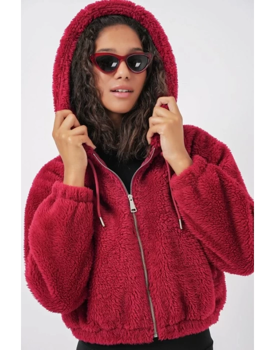 5193 Kapüşonlu Peluş Crop Ceket - Bordo