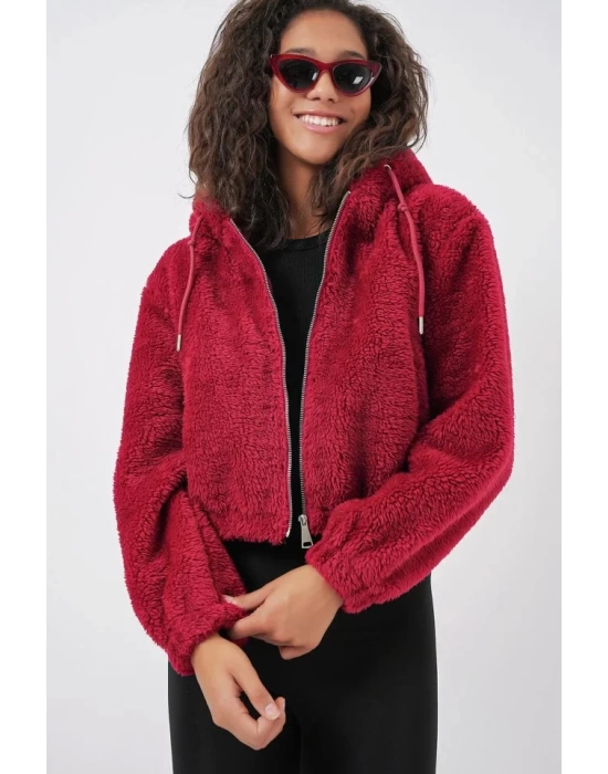 5193 Kapüşonlu Peluş Crop Ceket - Bordo