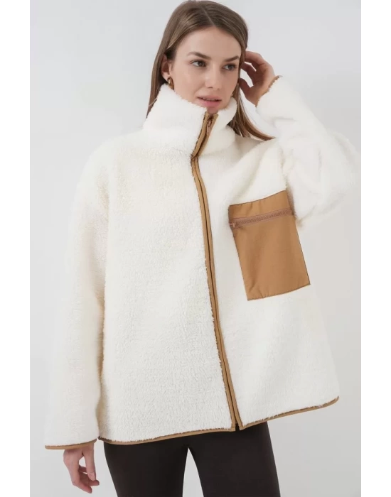 55446 Fermuarlı Oversize Peluş Ceket Mont - Camel