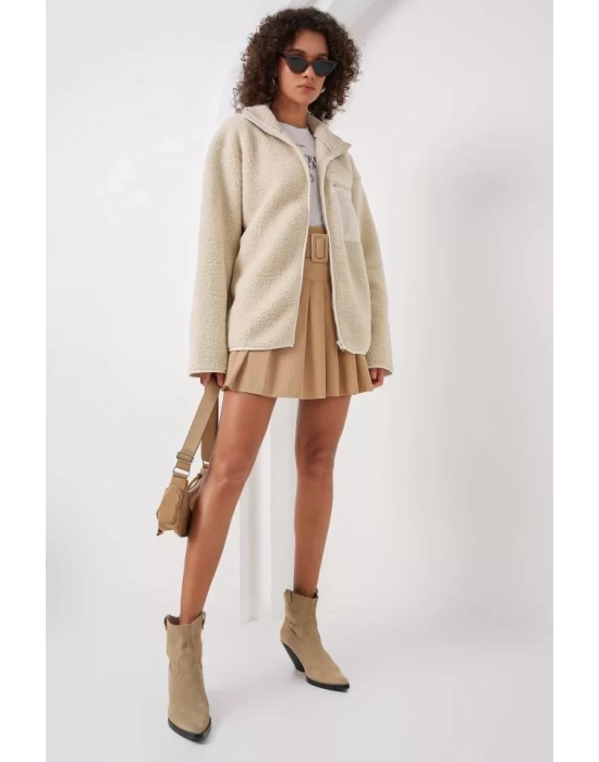 55446 Fermuarlı Oversize Peluş Ceket Mont - Krem