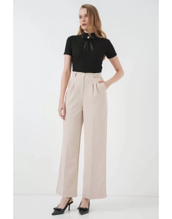 6647 Bol Paça Kumaş Pantolon - Krem