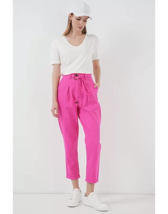 6660 Kemerli Keten Pantolon - Fuşya