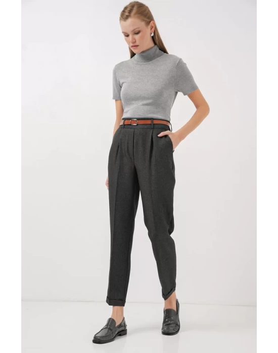 6686 Pileli Kemerli Kumaş Pantolon - Füme