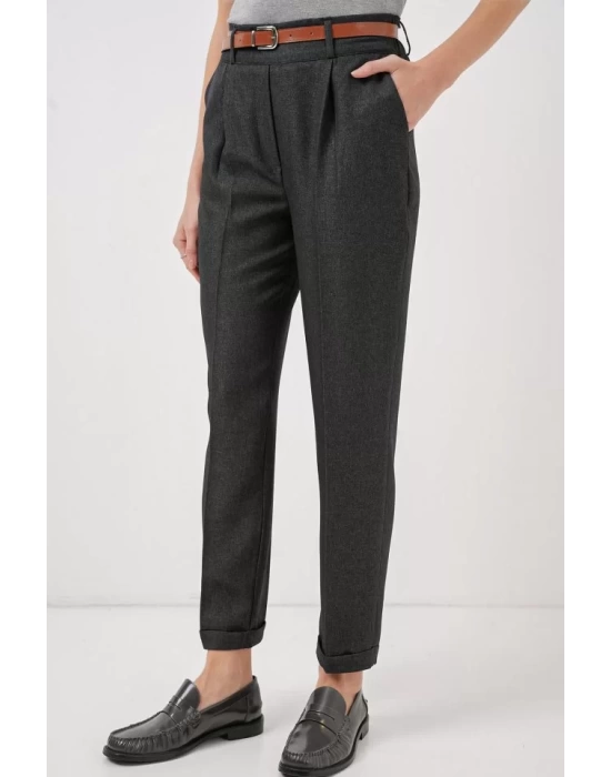 6686 Pileli Kemerli Kumaş Pantolon - Füme