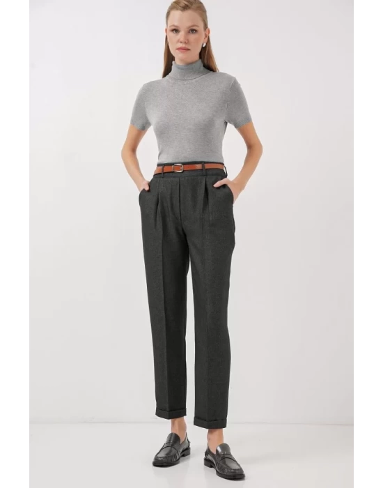 6686 Pileli Kemerli Kumaş Pantolon - Füme