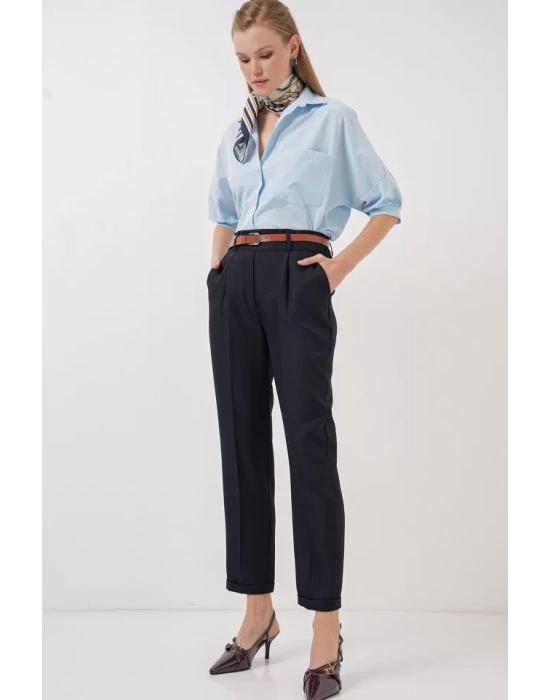 6686 Pileli Kemerli Kumaş Pantolon - Lacivert