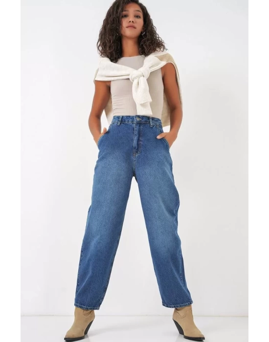 6688 Yüksek Bel Baggy Kot Pantolon - Lacivert