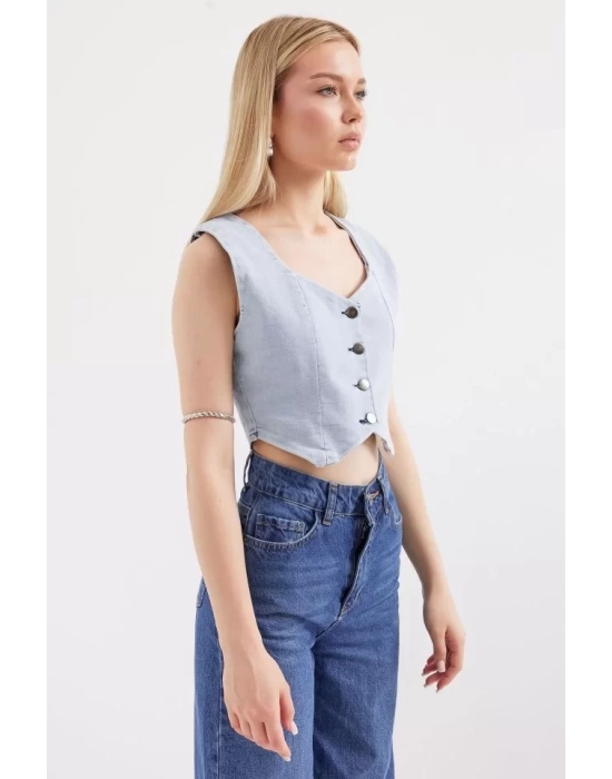 6797 Crop Kot Yelek - Mavi